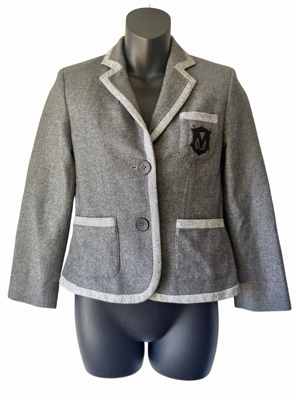Club Monaco Club Preppy Blazer Gray Womens Size 2 Knit Crest Patch Contrast Trim
